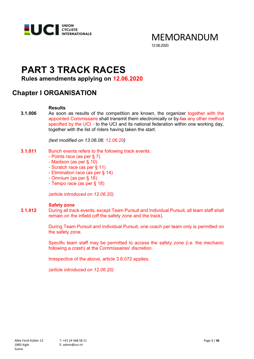 PART 3 TRACK RACES Rules Amendments Applying on 12.06.2020