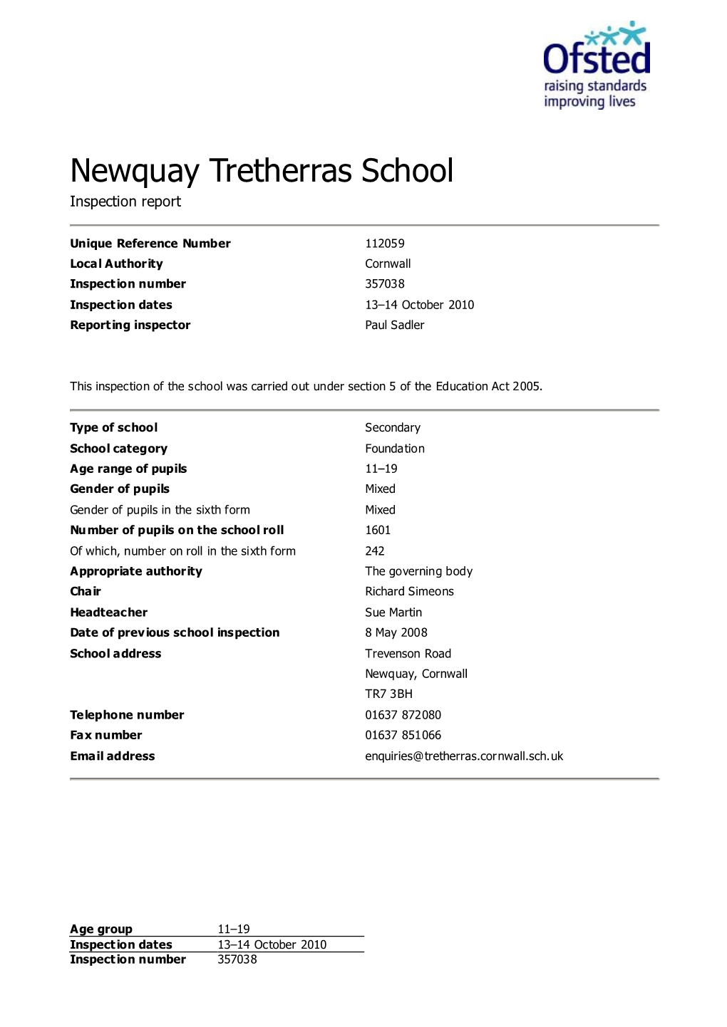 Newquay Tretherras School Inspection Report