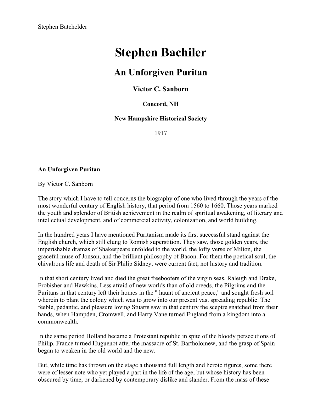Bachiler, Stephen, an Unforgiven Puritan