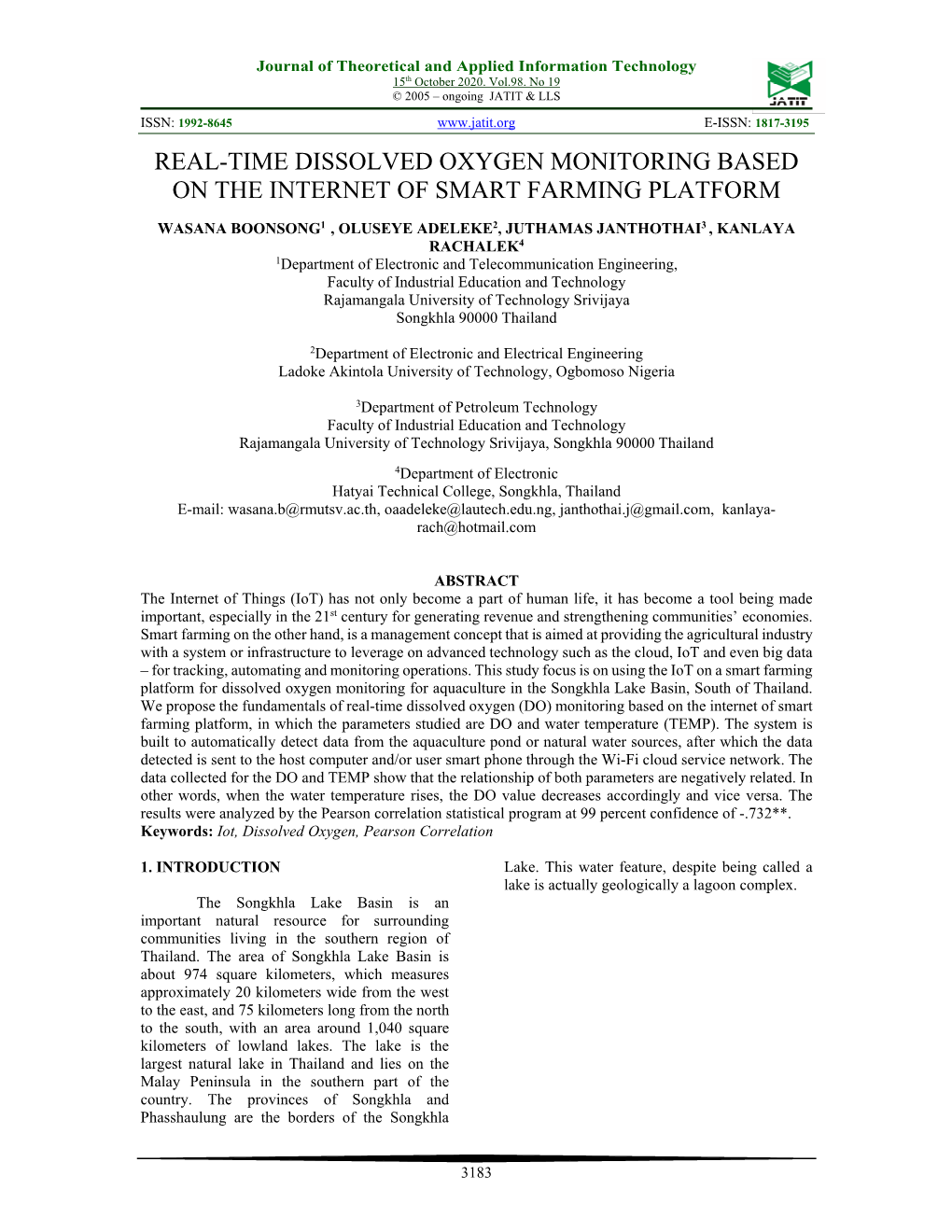 Real-Time Dissolved Oxygen Monitoring Based on the Internet of Smart Farming Platform