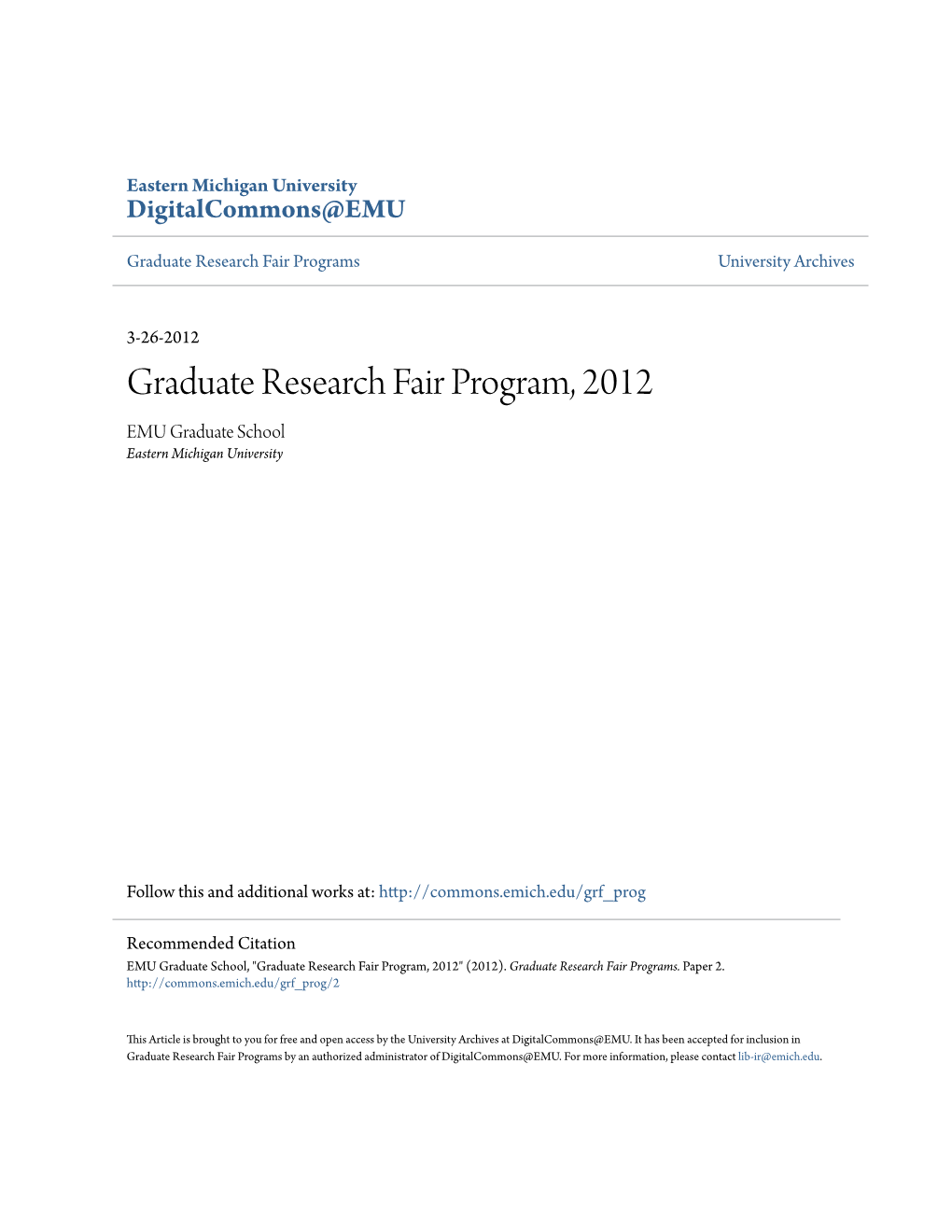 Graduate Research Fair Program, 2012 EMU Graduate School Eastern Michigan University