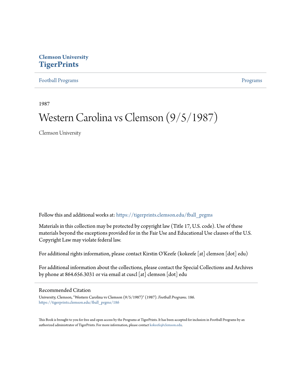 Western Carolina Vs Clemson (9/5/1987) Clemson University