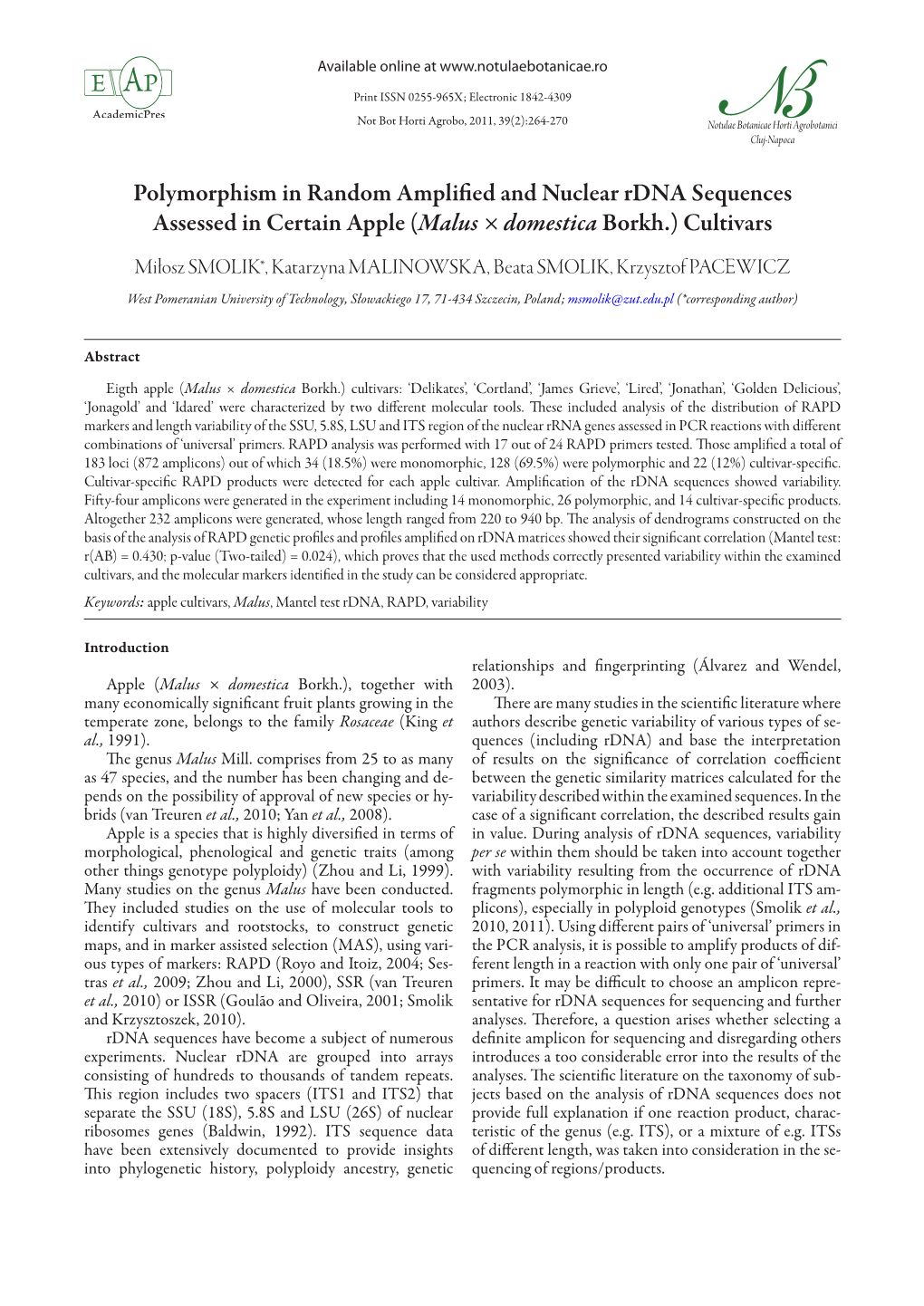 Polymorphism in Random Amplified and Nuclear Rdna Sequences Assessed in Certain Apple (Malus × Domestica Borkh.) Cultivars