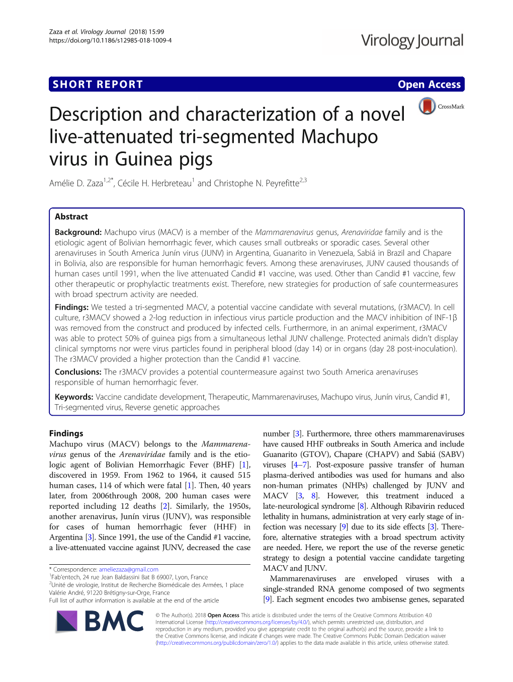 Description and Characterization of a Novel Live-Attenuated Tri-Segmented Machupo Virus in Guinea Pigs Amélie D