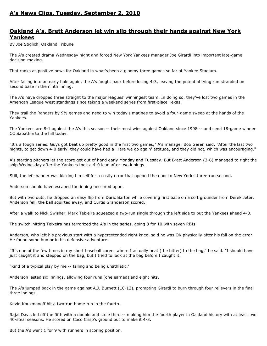 A's News Clips, Tuesday, September 2, 2010 Oakland A's, Brett