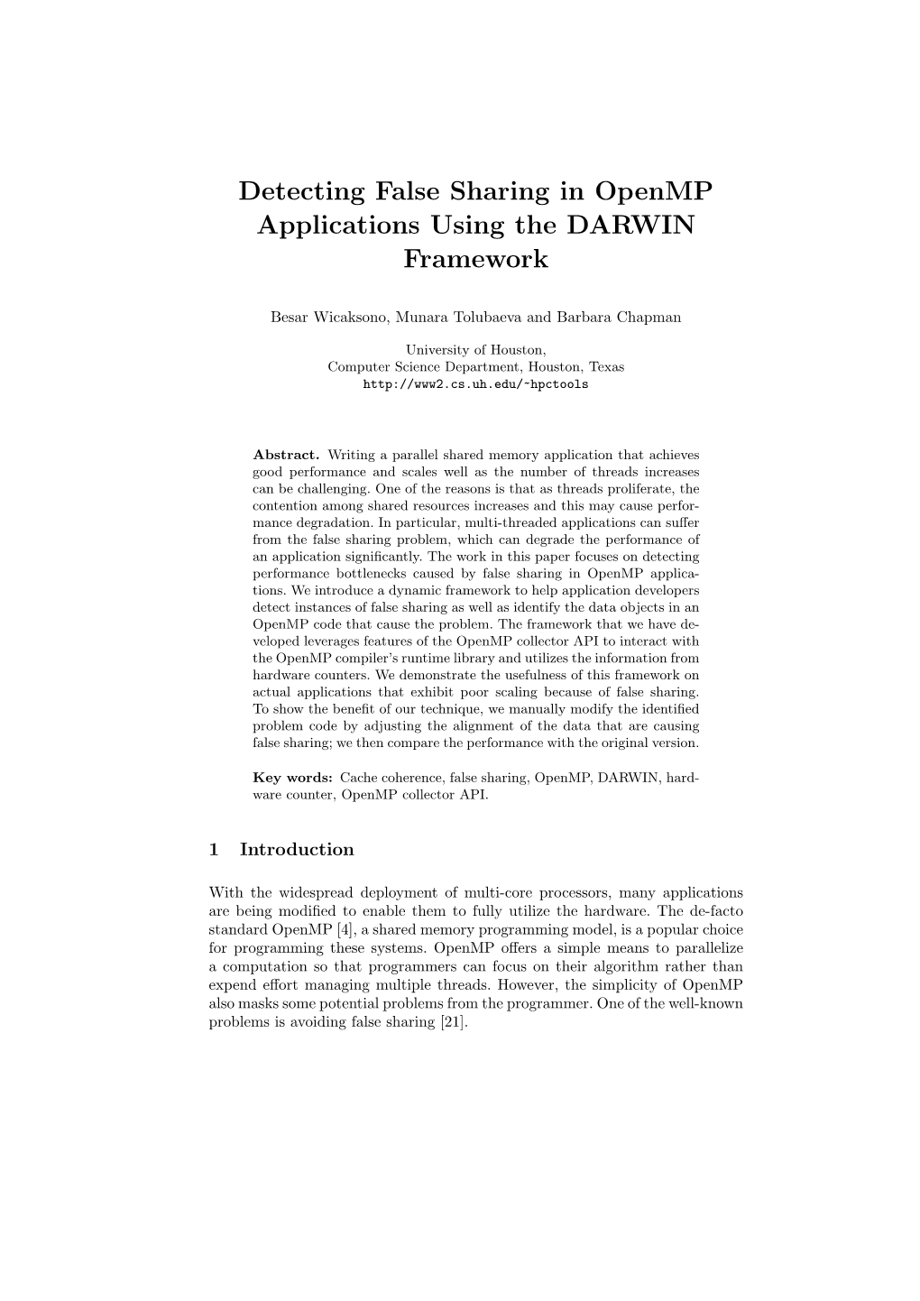 Detecting False Sharing in Openmp Applications Using the DARWIN Framework