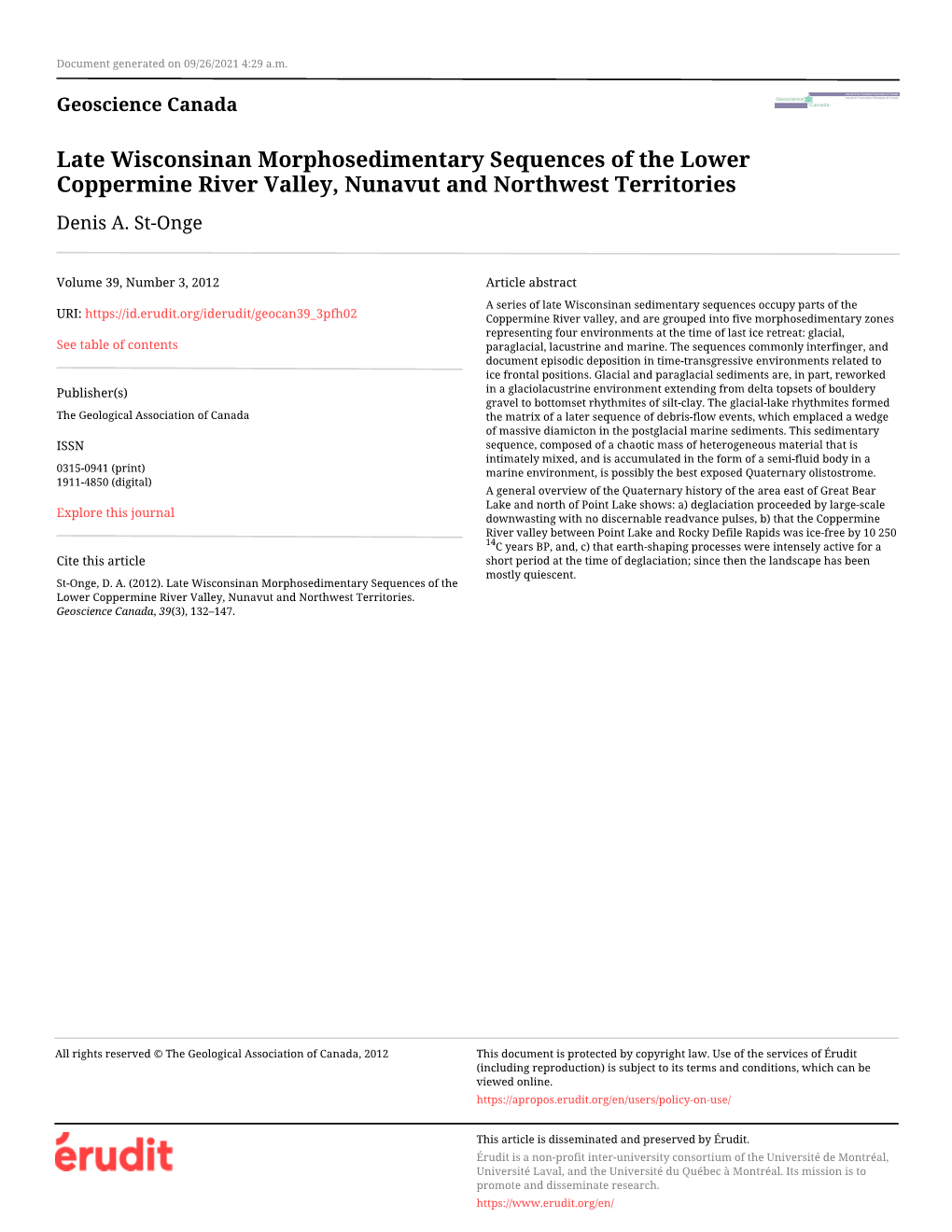 Late Wisconsinan Morphosedimentary Sequences of the Lower Coppermine River Valley, Nunavut and Northwest Territories Denis A