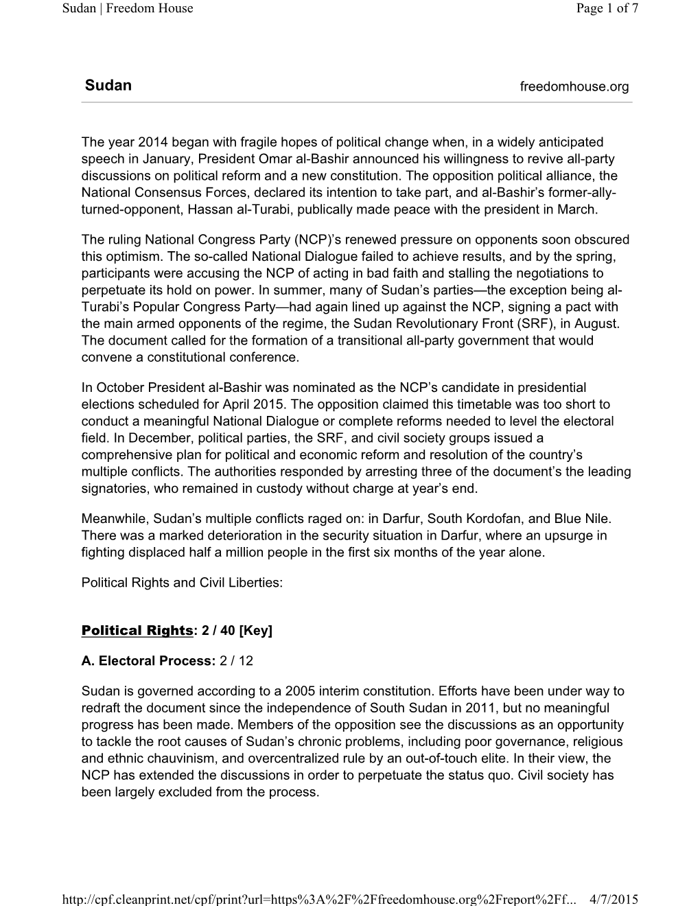 Page 1 of 7 Sudan | Freedom House 4/7/2015