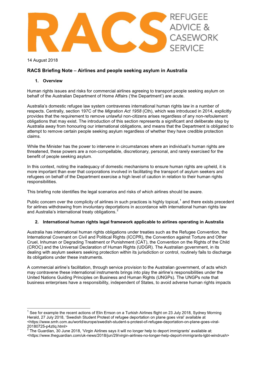 RACS Briefing Note – Airlines and People Seeking Asylum in Australia