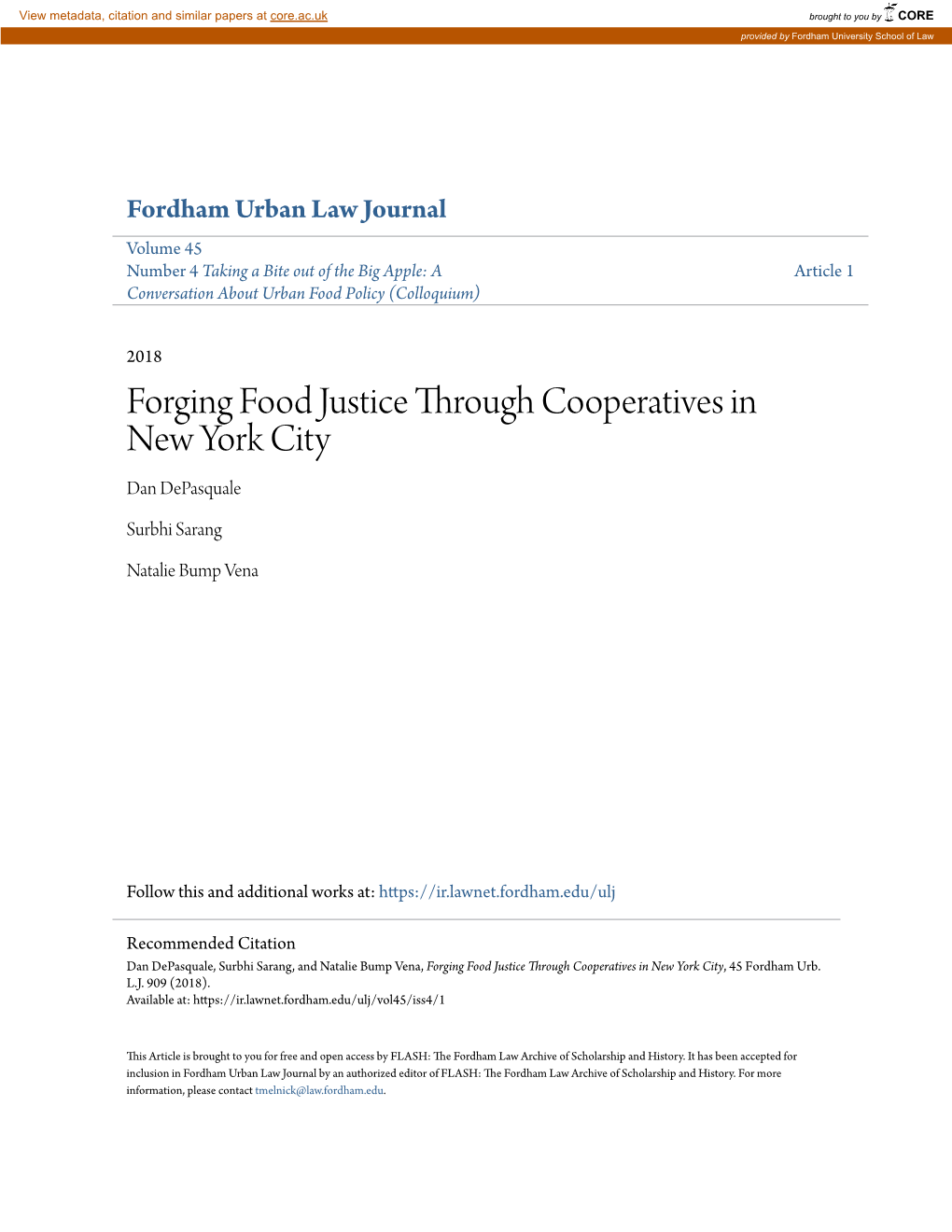 Forging Food Justice Through Cooperatives in New York City Dan Depasquale