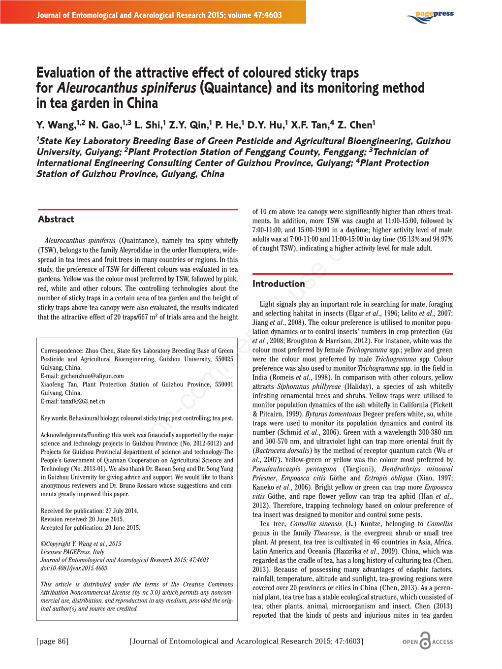 Evaluation of the Attractive Effect of Coloured Sticky Traps for Aleurocanthus Spiniferus (Quaintance) and Its Monitoring Method in Tea Garden in China Y