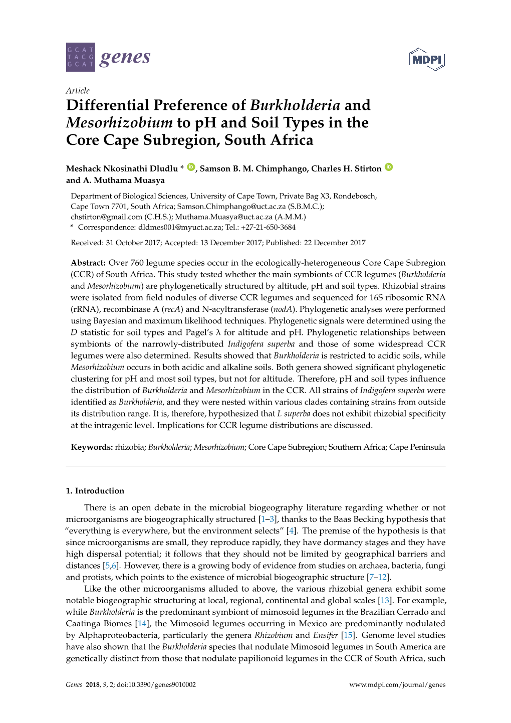 Differential Preference of Burkholderia and Mesorhizobium to Ph and Soil Types in the Core Cape Subregion, South Africa