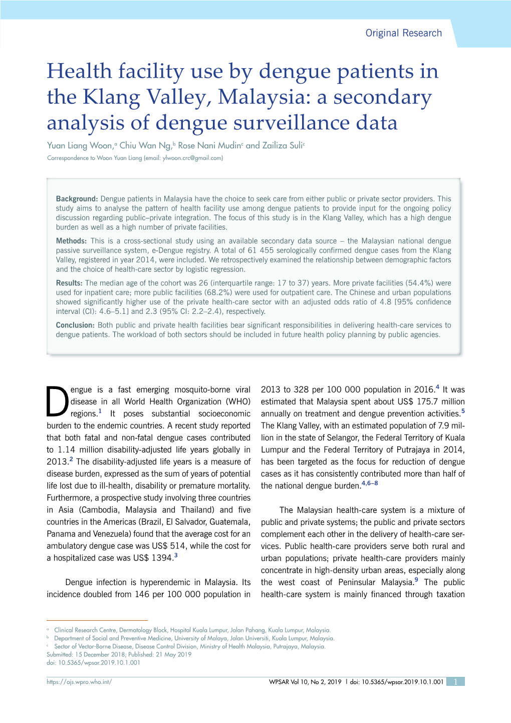 Health Facility Use by Dengue Patients in the Klang Valley, Malaysia