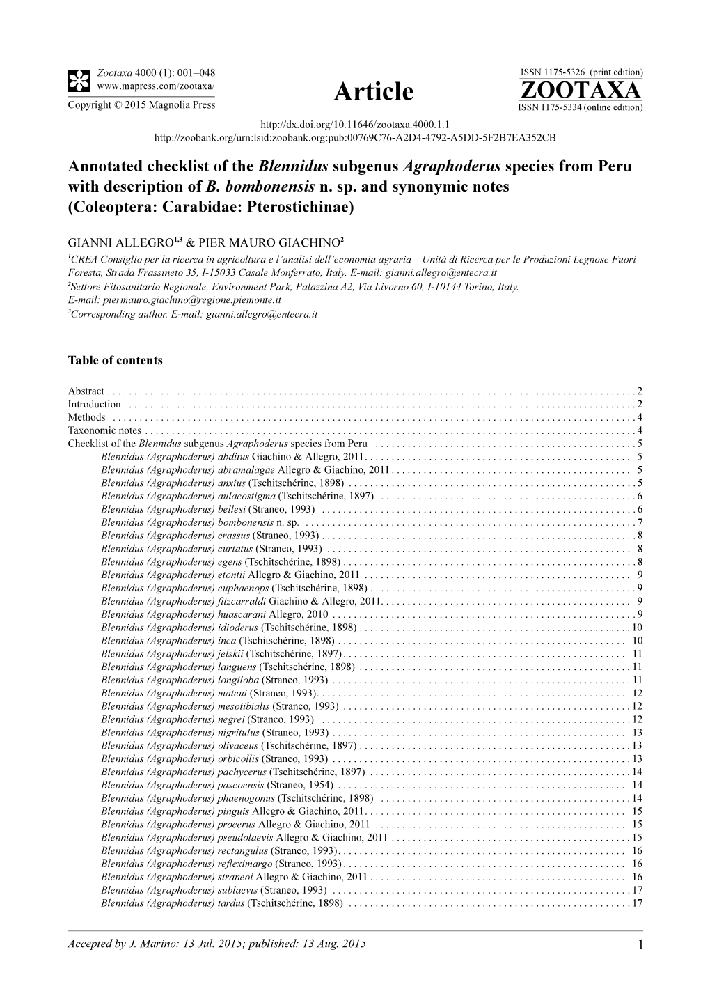 Annotated Checklist of the Blennidus Subgenus Agraphoderus Species from Peru with Description of B