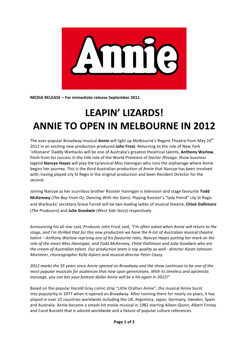 Annie to Open in Melbourne in 2012