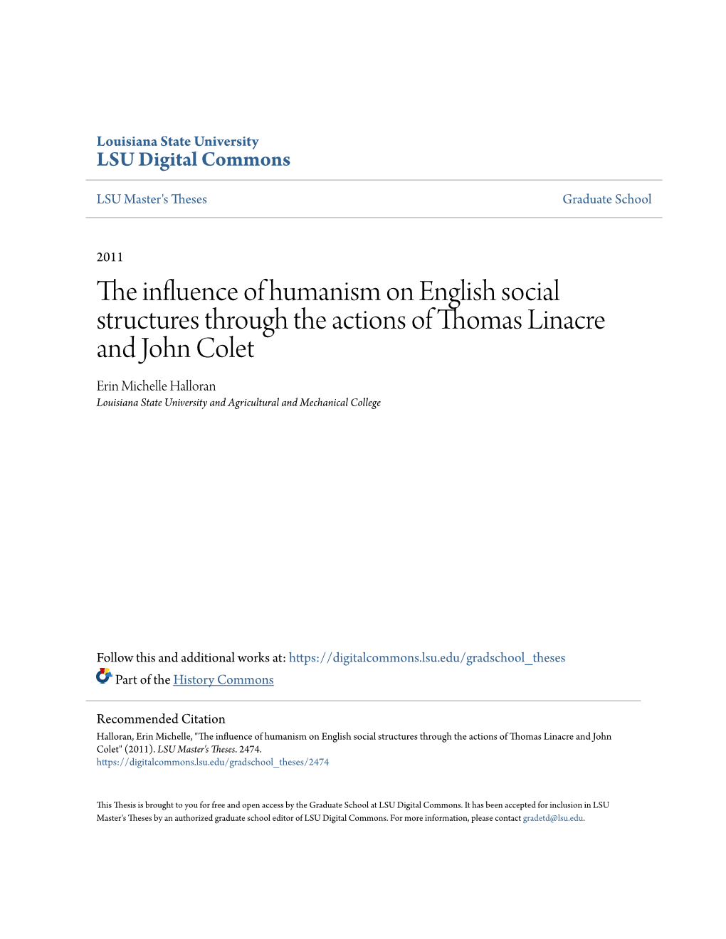 The Influence of Humanism on English Social Structures Through The