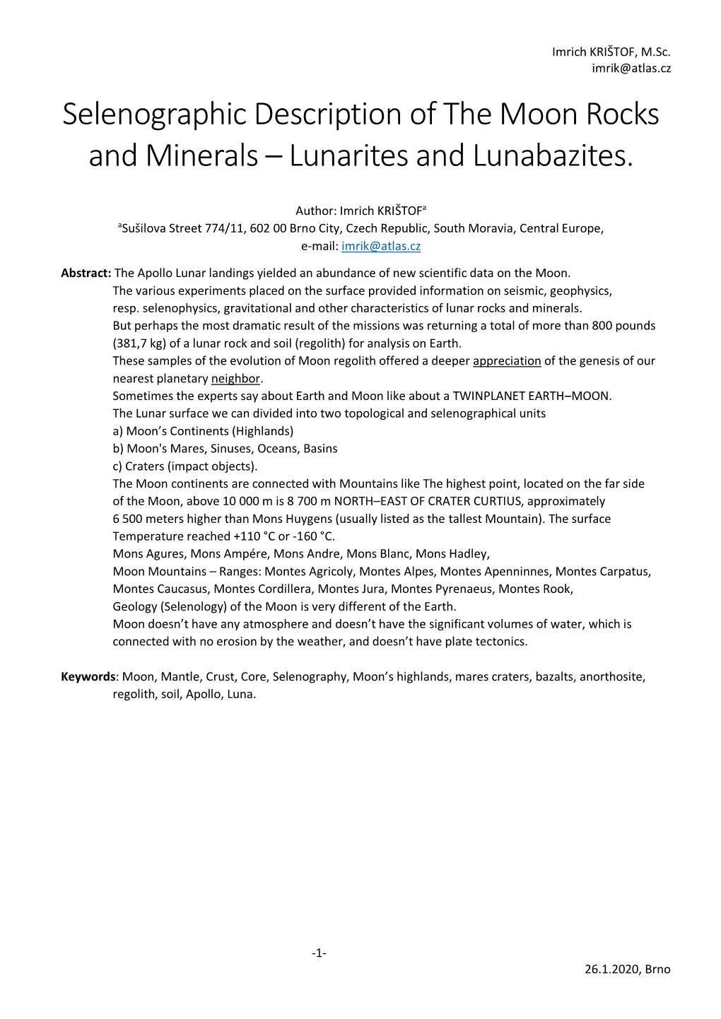 Selenographic Description of the Moon Rocks and Minerals – Lunarites and Lunabazites