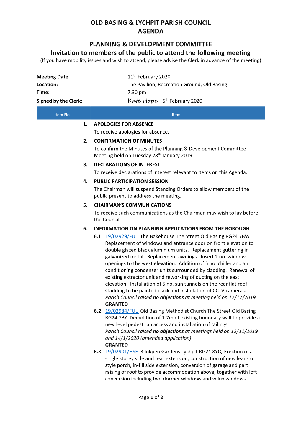 Old Basing & Lychpit Parish Council Agenda