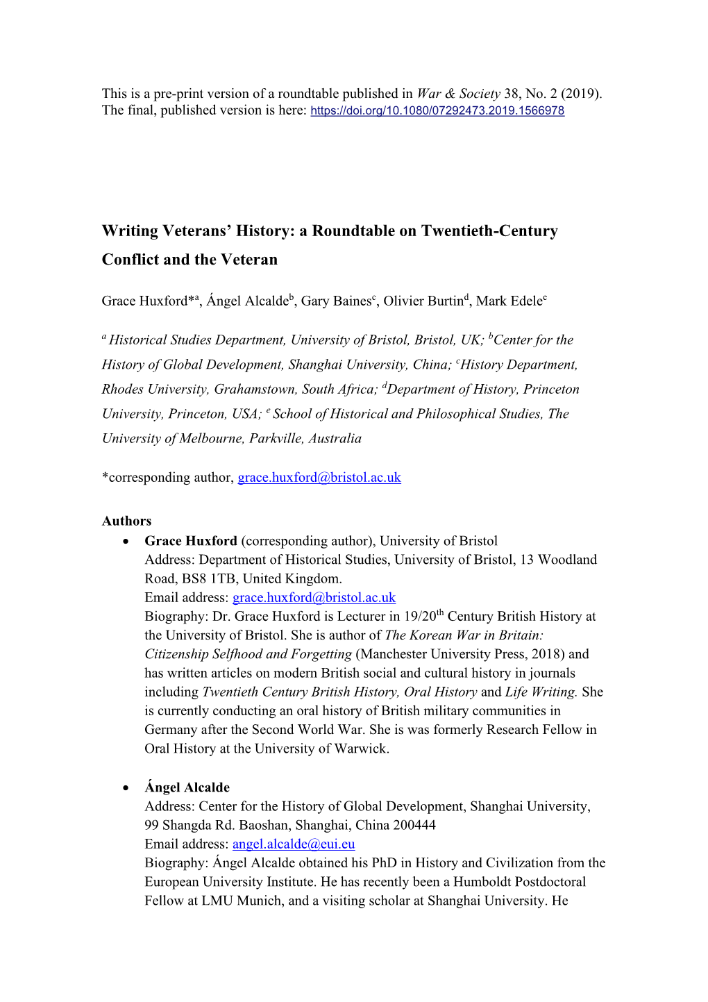 Writing Veterans' History: a Roundtable on Twentieth-Century Conflict and the Veteran