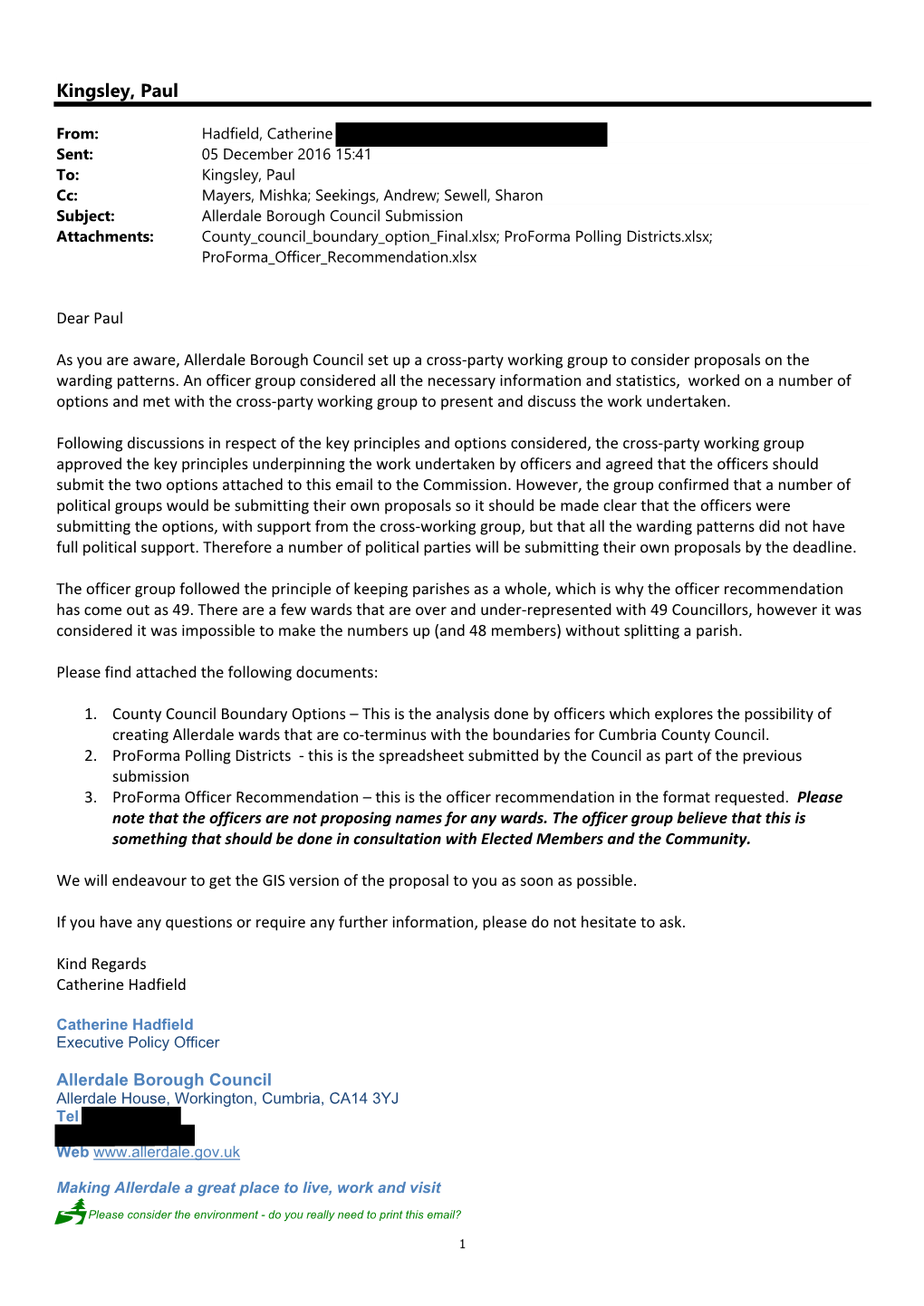 Allerdale Borough Council Submission Attachments: County Council Boundary Option Final.Xlsx; Proforma Polling Districts.Xlsx; Proforma Officer Recommendation.Xlsx