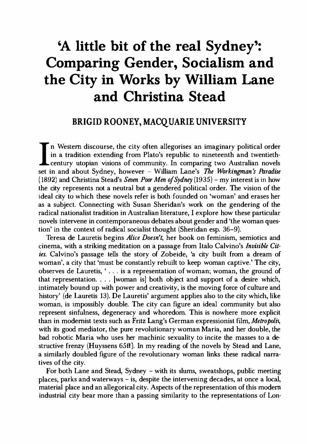 Comparing Gender, Socialism and the City in Wo Rks by William Lane and Christina Stead