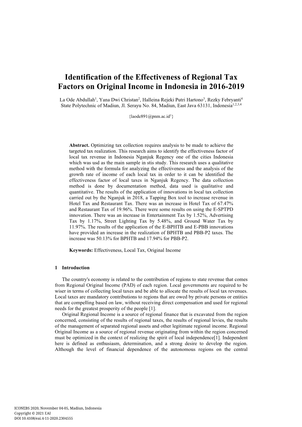 Identification of the Effectiveness of Regional Tax Factors on Original Income in Indonesia in 2016-2019