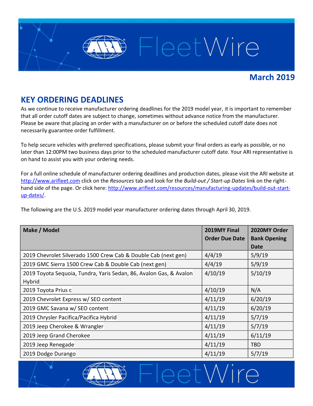 March 2019 KEY ORDERING DEADLINES