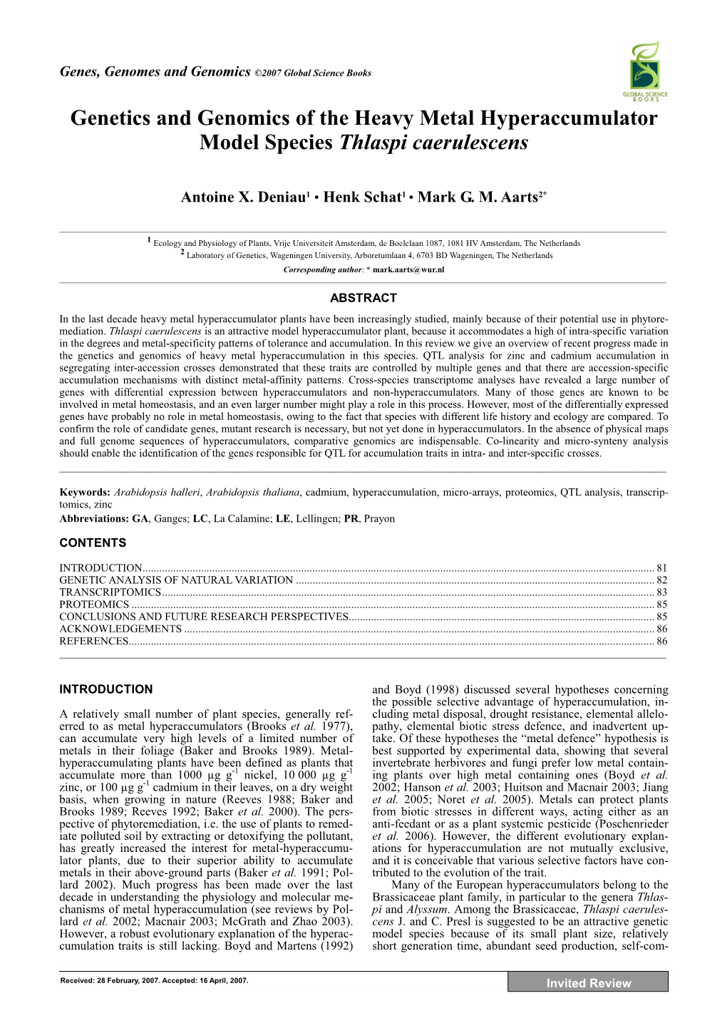 Genetics and Genomics of the Heavy Metal Hyperaccumulator Model Species Thlaspi Caerulescens