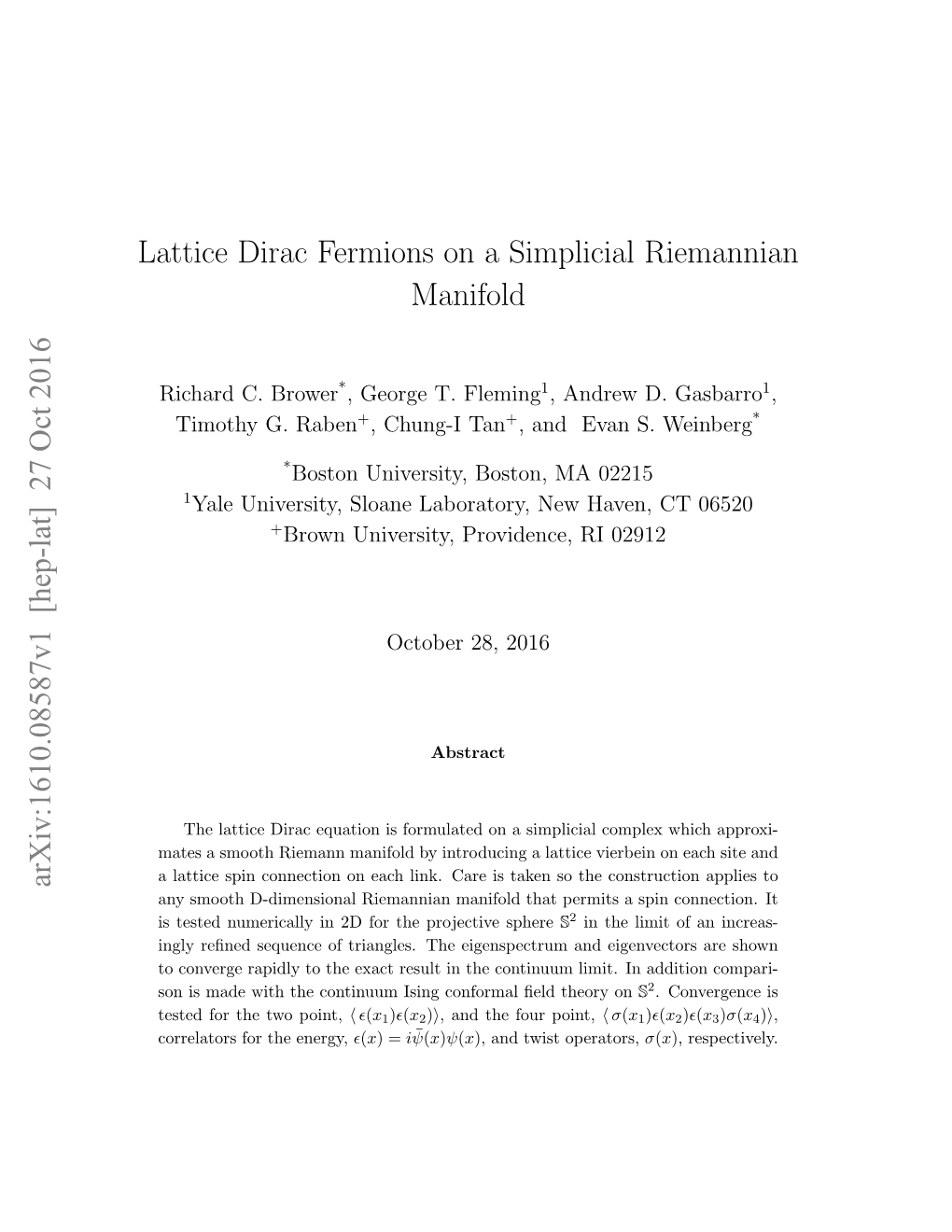 Lattice Dirac Fermions on a Simplicial Riemannian Manifold Arxiv