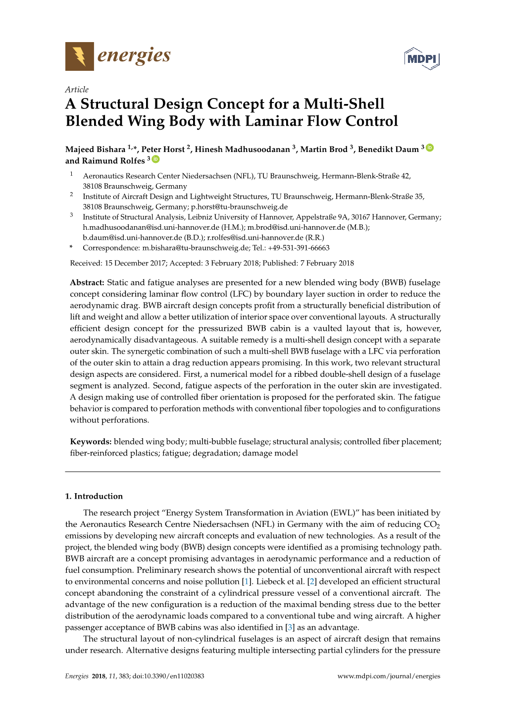 A Structural Design Concept for a Multi-Shell Blended Wing Body with Laminar Flow Control