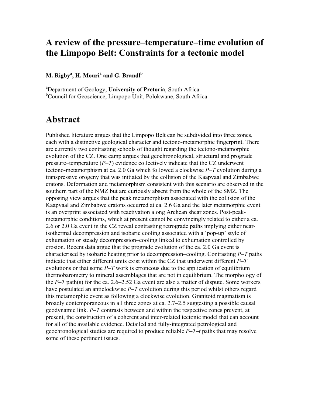 A Review of the Pressure–Temperature–Time Evolution of the Limpopo Belt: Constraints for a Tectonic Model