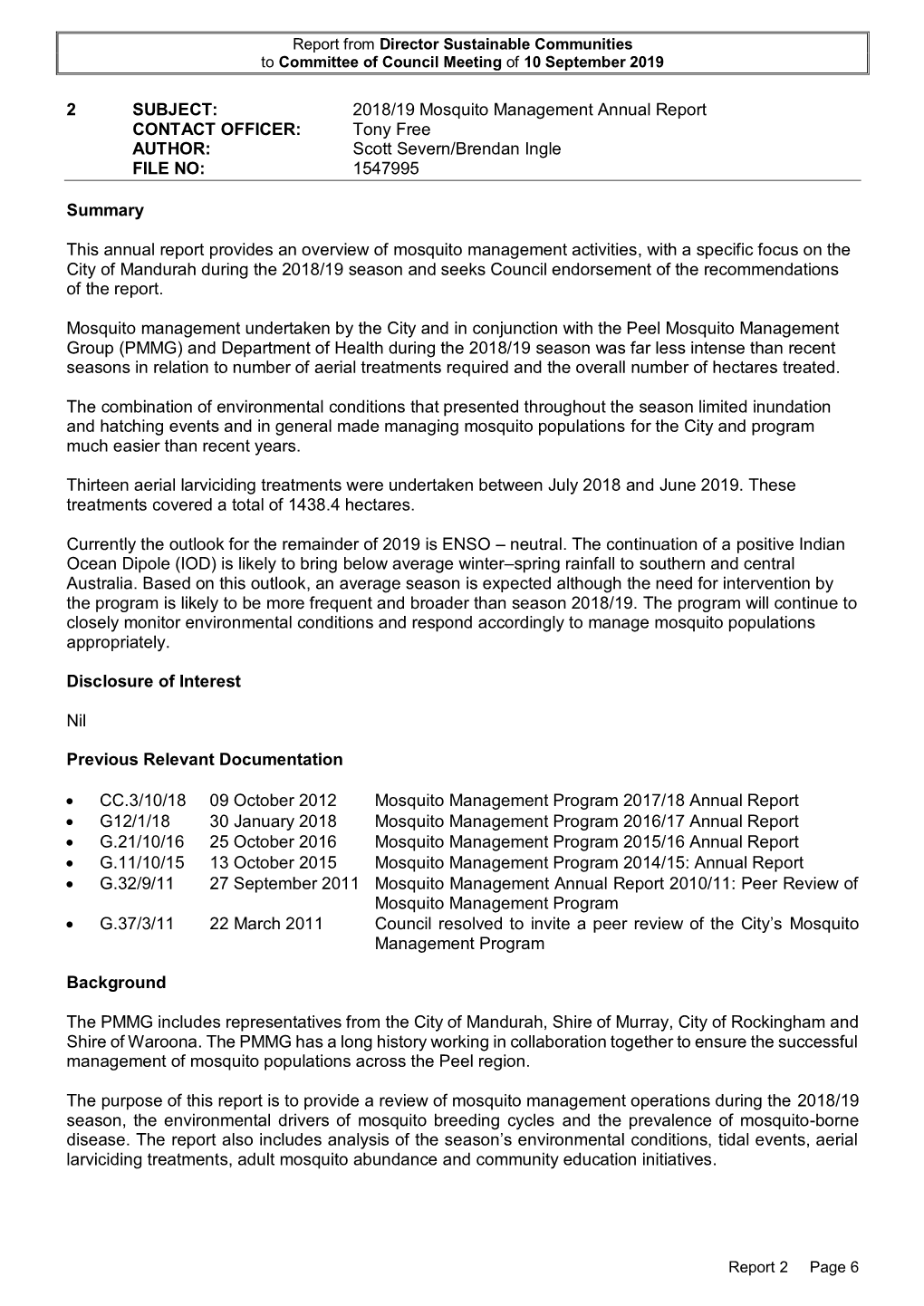 Report 02 2018-19 Mosquito Management Update