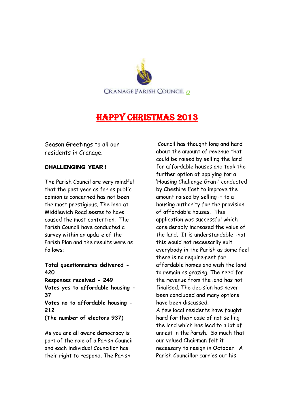 Cranage Parish Council Newsletter