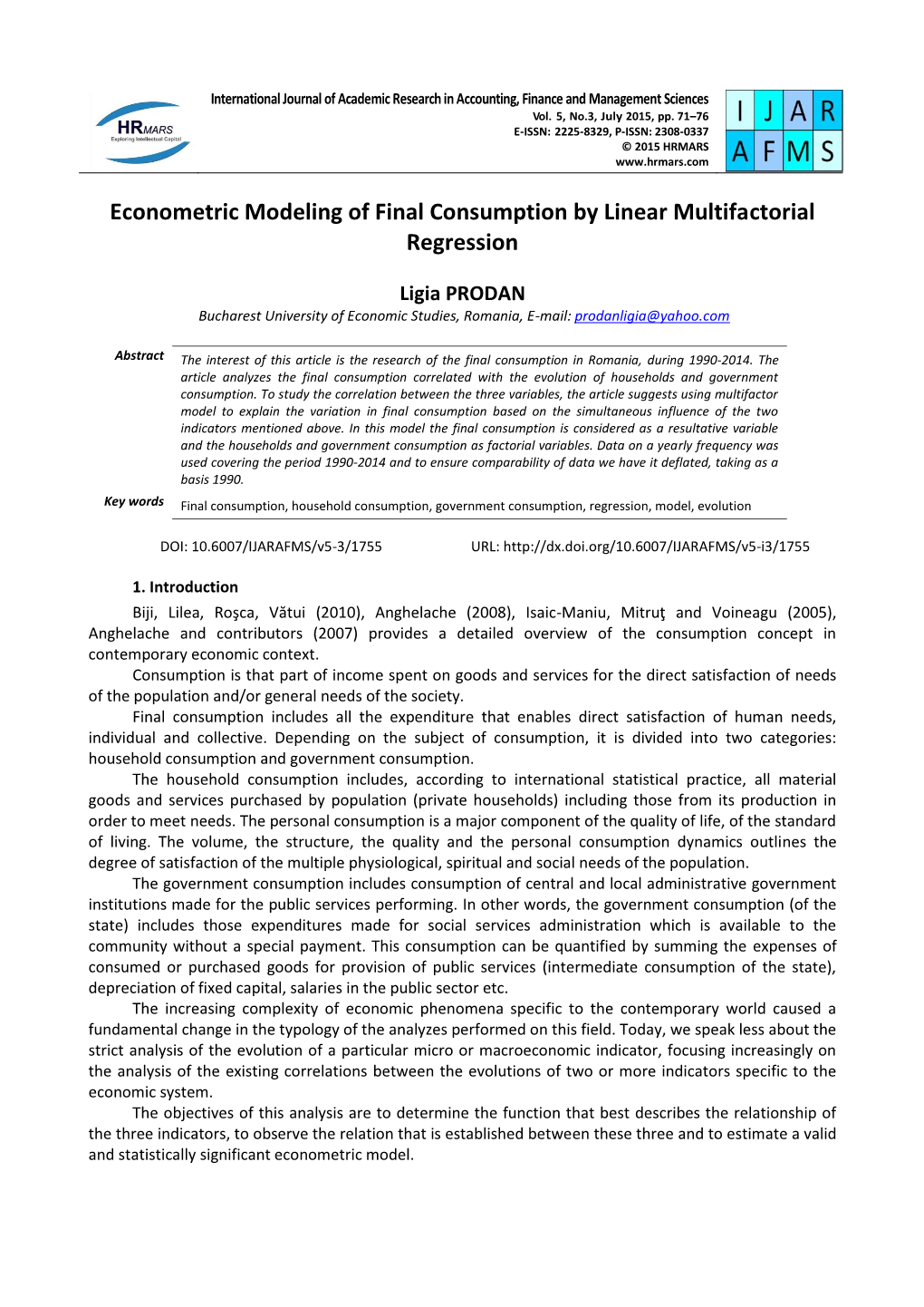 Econometric Modeling of Final Consumption by Linear Multifactorial Regression