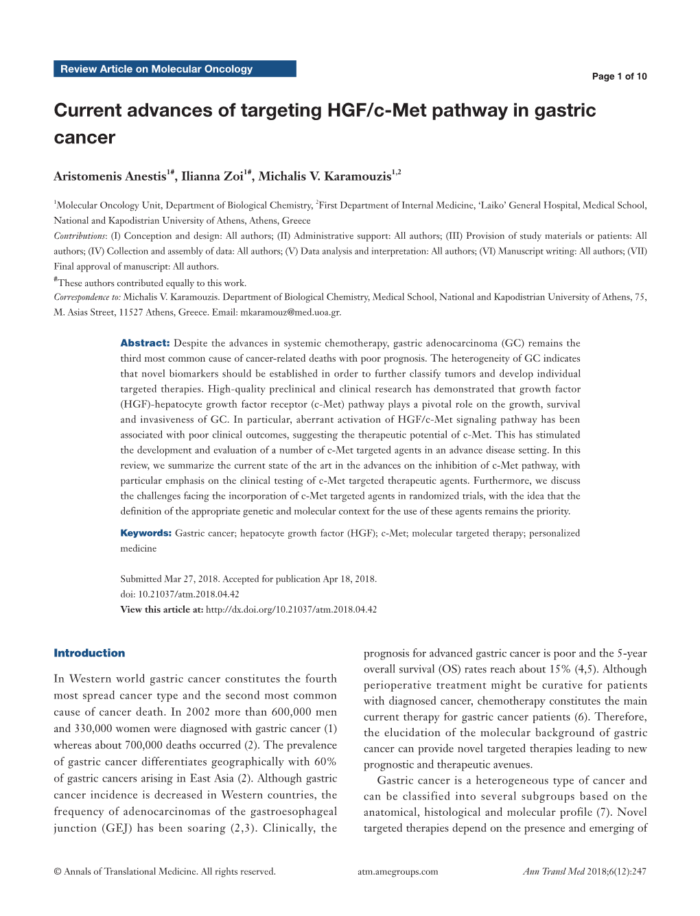 Current Advances of Targeting HGF/C-Met Pathway in Gastric Cancer