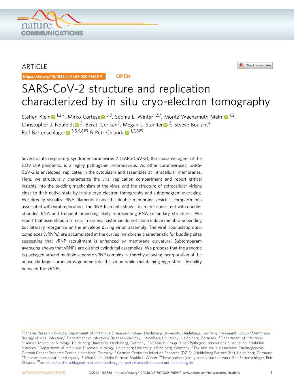 SARS-Cov-2 Structure and Replication Characterized by in Situ Cryo-Electron Tomography