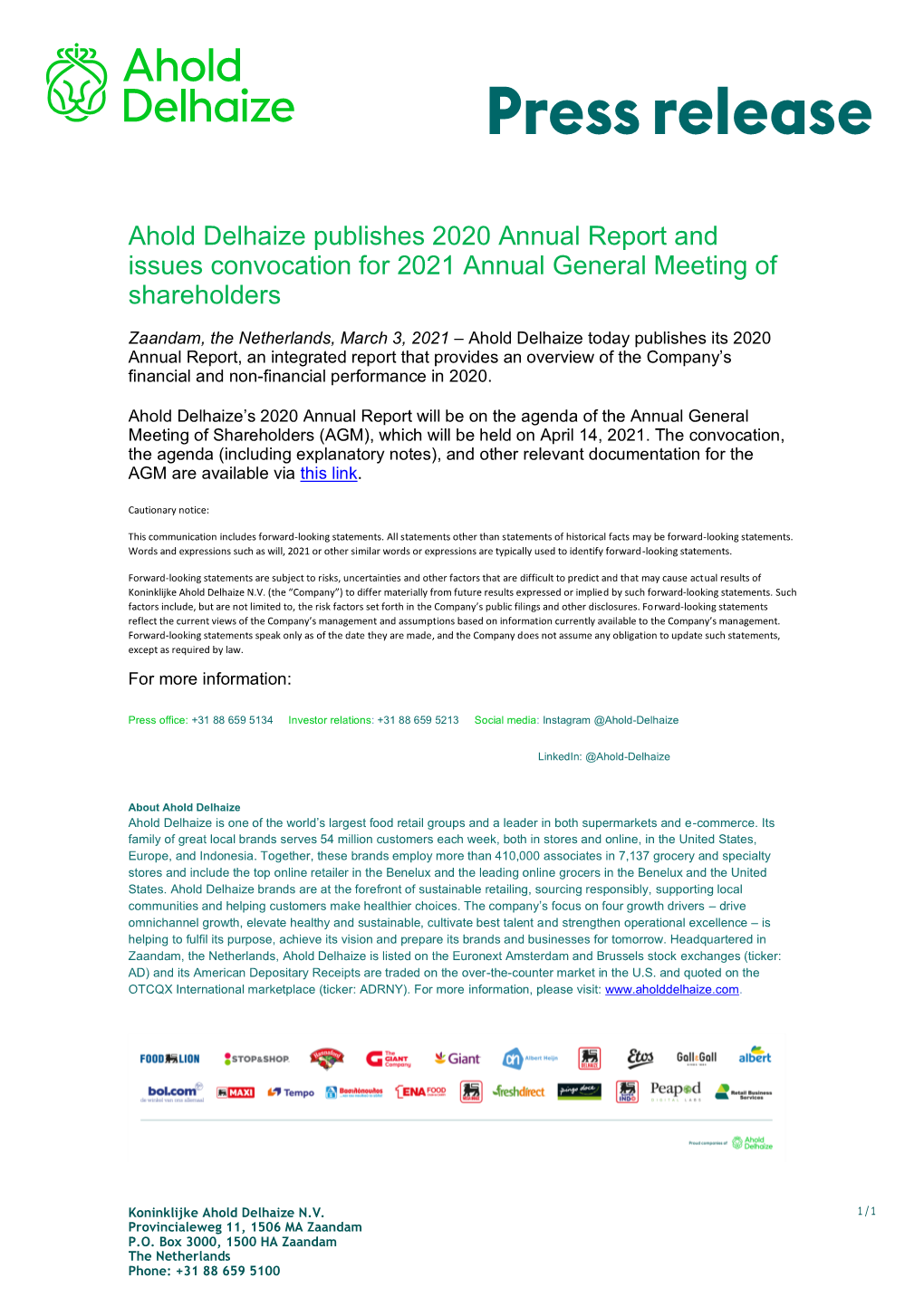 Ahold Delhaize Publishes 2020 Annual Report and Issues Convocation for 2021 Annual General Meeting of Shareholders
