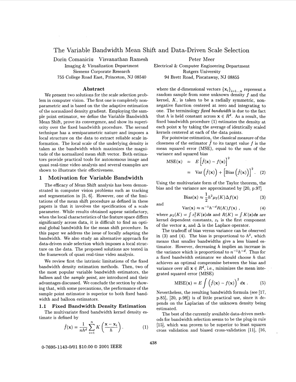 The Variable Bandwidth Mean Shift and Data-Driven Scale Selection