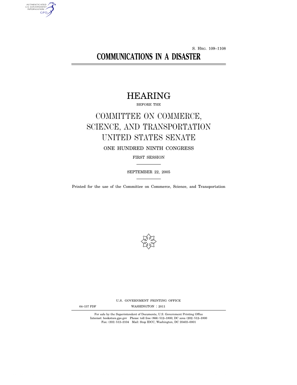 Communications in a Disaster Hearing Committee On