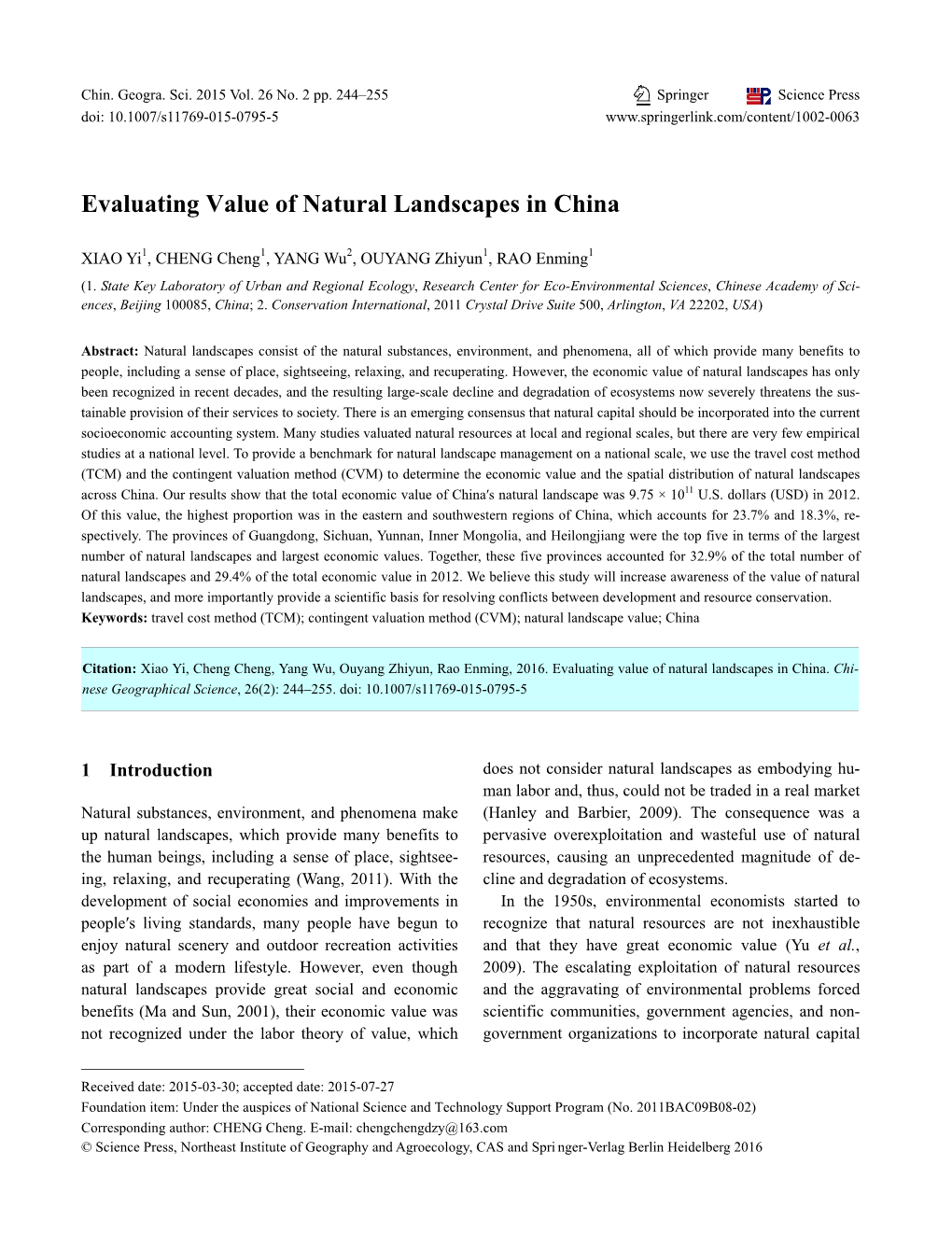 Evaluating Value of Natural Landscapes in China