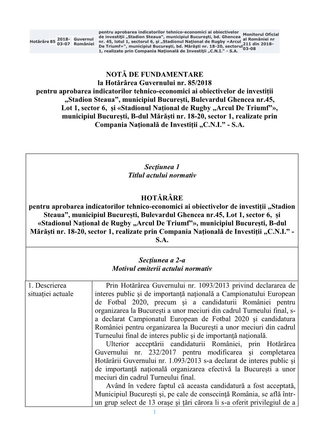 NOTĂ DE FUNDAMENTARE La Hotărârea Guvernului Nr