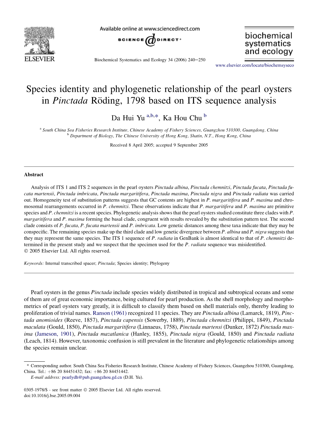 Species Identity and Phylogenetic Relationship of the Pearl Oysters in Pinctada Ro¨Ding, 1798 Based on ITS Sequence Analysis