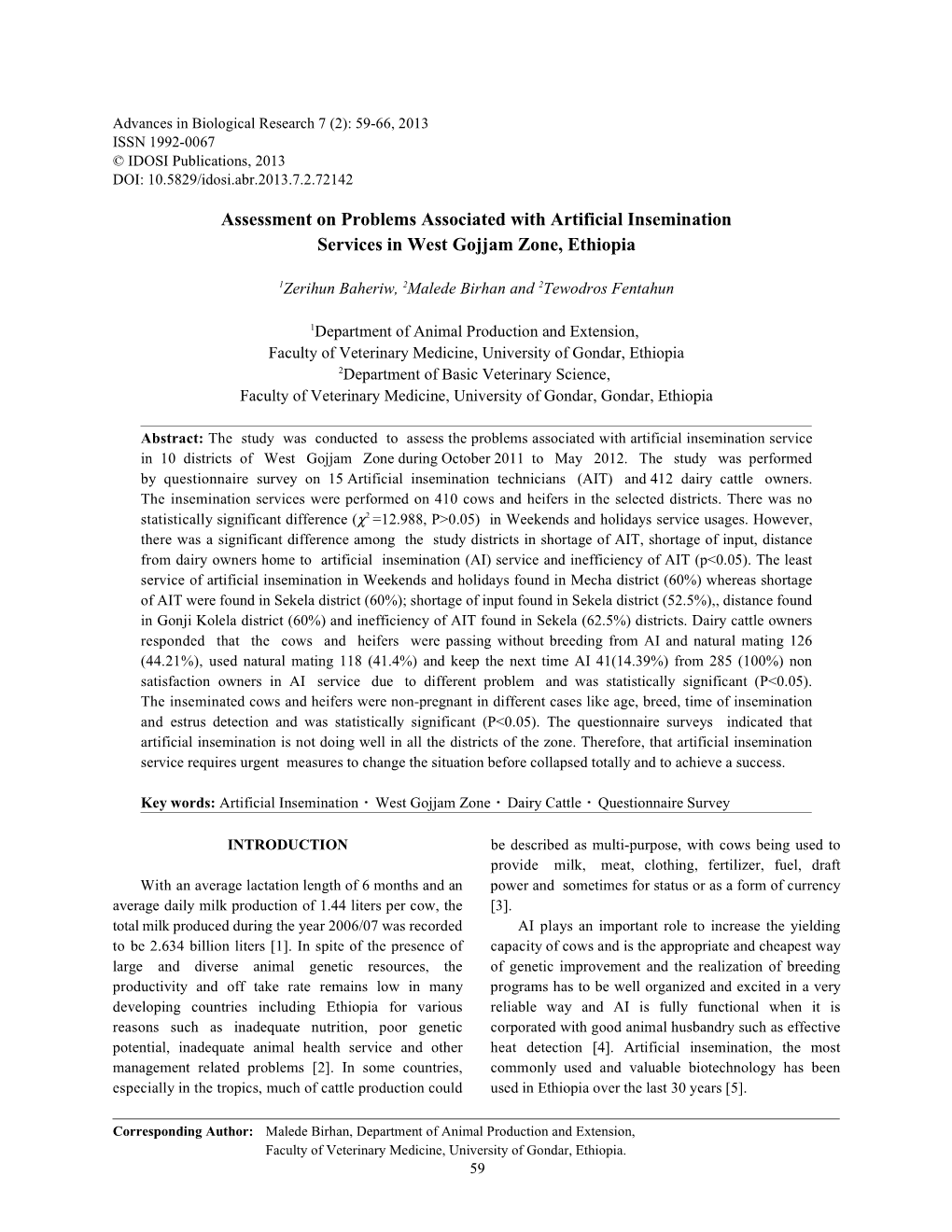 Assessment on Problems Associated with Artificial Insemination Services in West Gojjam Zone, Ethiopia