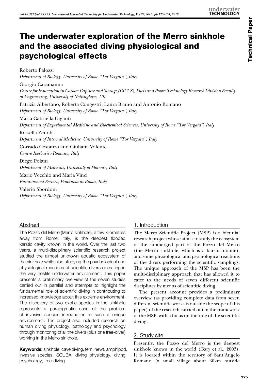 The Underwater Exploration of the Merro Sinkhole and the Associated Diving Physiological and Psychological Effects Technical Paper