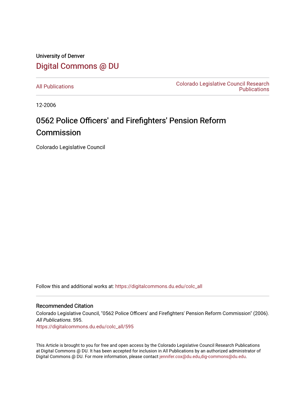 0562 Police Officers' and Firefighters' Pension Reform Commission