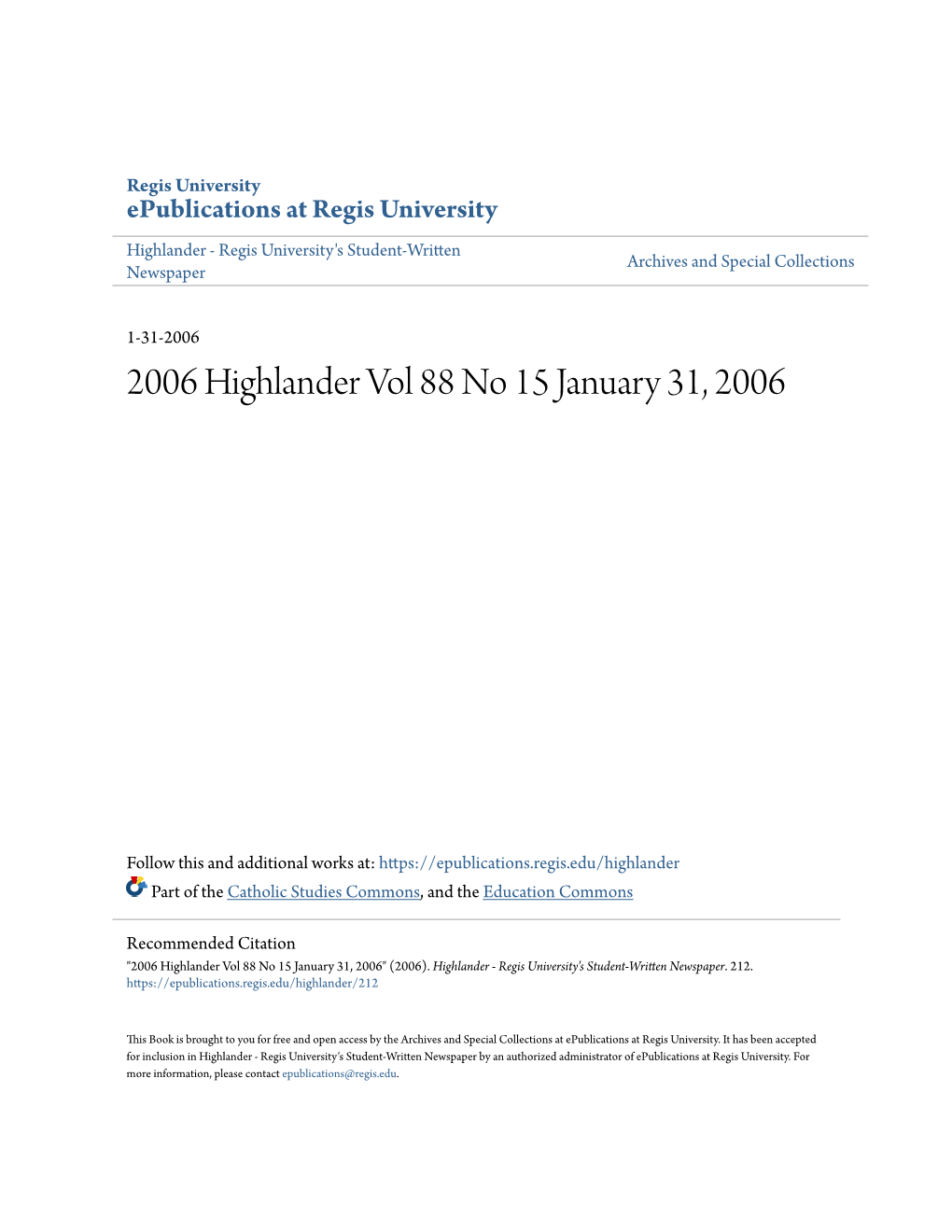 2006 Highlander Vol 88 No 15 January 31, 2006