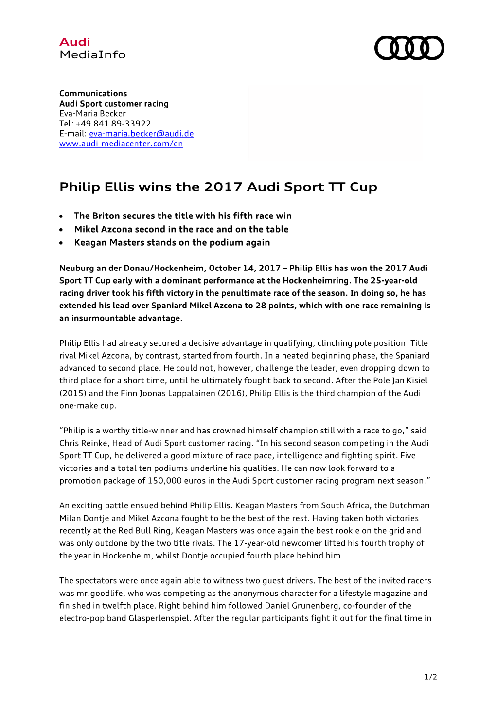 Philip Ellis Wins the 2017 Audi Sport TT Cup