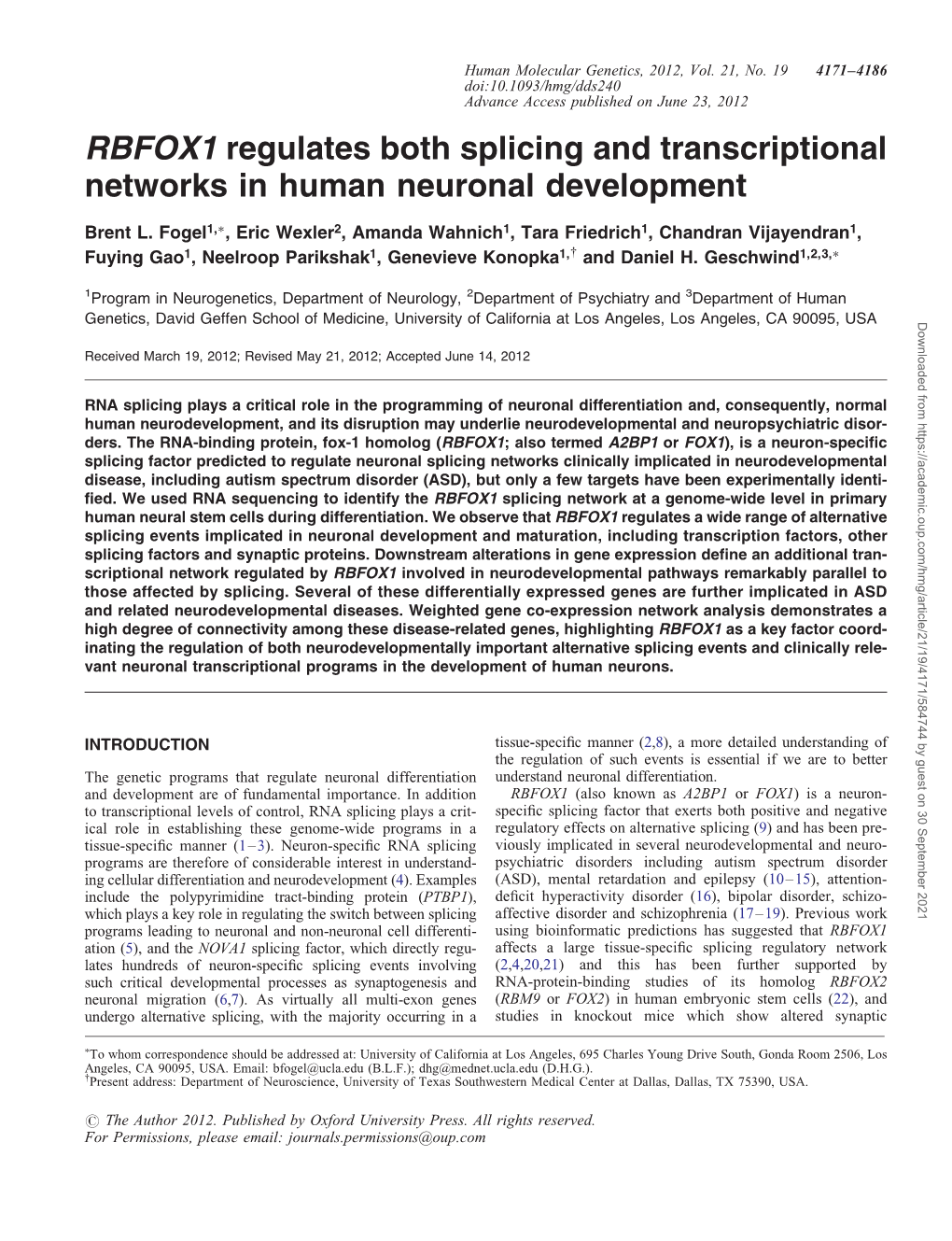 RBFOX1 Regulates Both Splicing and Transcriptional Networks in Human Neuronal Development