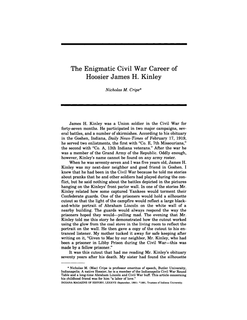 The Enigmatic Civil War Career of Hoosier James H. Kinley