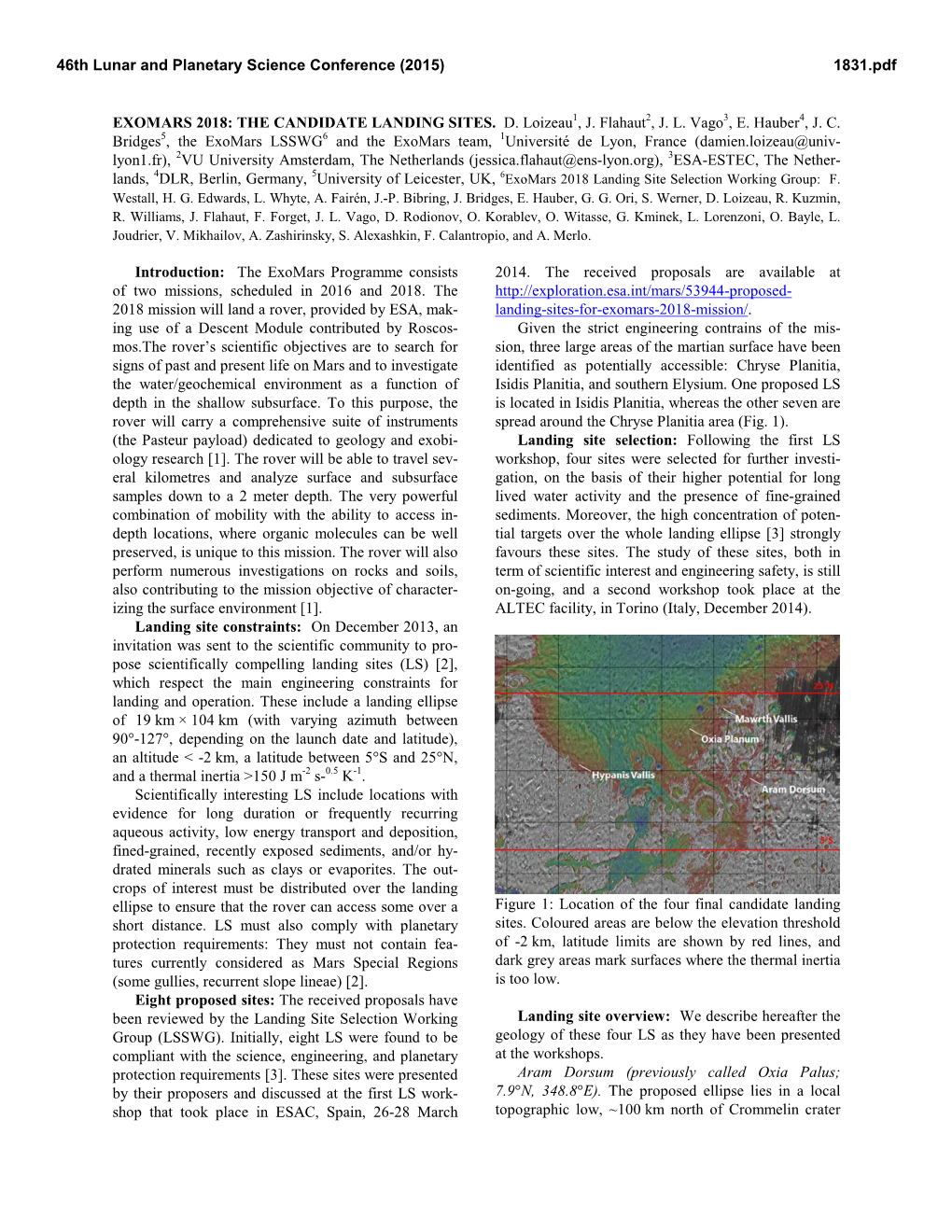 Exomars 2018: the Candidate Landing Sites